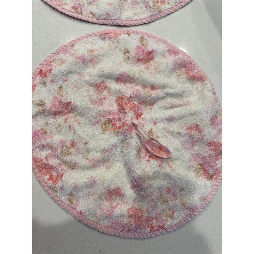 VTG‎ Pair 2 Pink Floral Bathroom Hand Towels Round Hanging Grandma Made 16